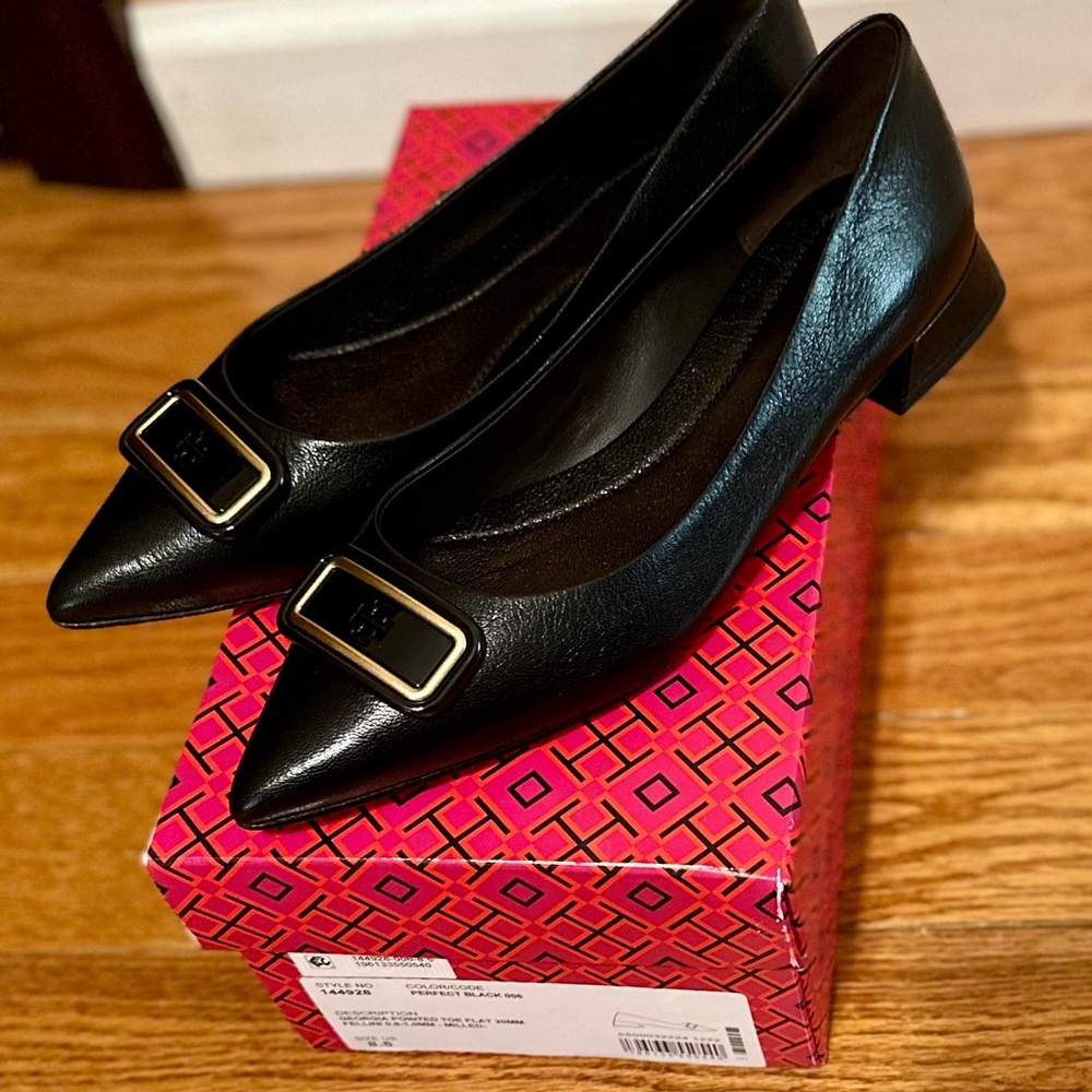 Tory Burch Black Leather Flats with Gold Accent